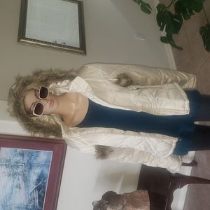 BKE L shimmery champagne gold puff jacket faux fur trim hoodie ski jacket